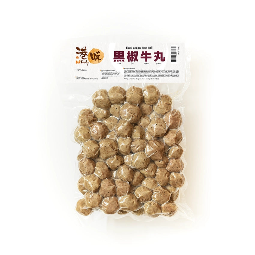 港式黑椒牛丸,選用100%優質牛肉製成,經典港式粉麵、火鍋配料